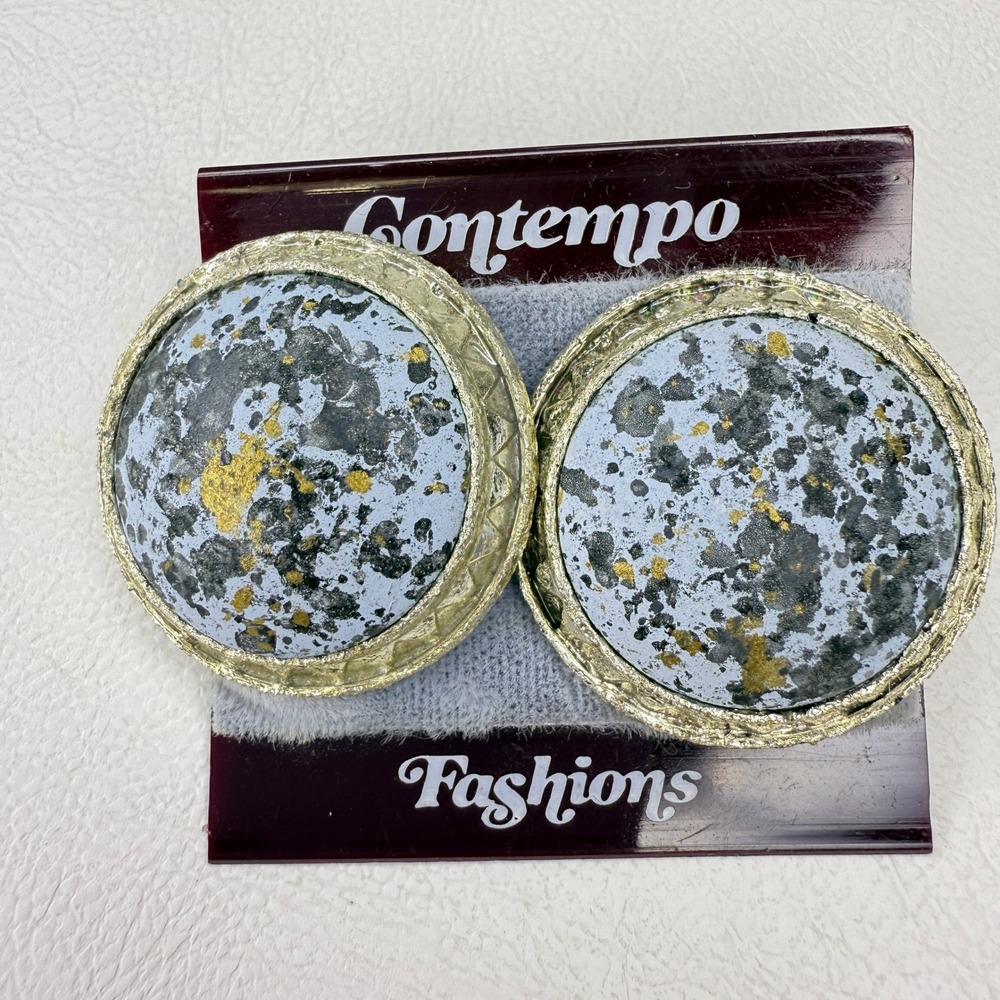 Contempo Fashions Vintage 80s Round Clip On Earrings Gold Tone Blue Gray‎